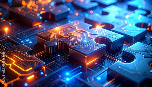 Close-up of glossy metallic jigsaw puzzle pieces designed as futuristic circuit board, glowing blue and orange embedded lines forming digital patterns symbolizing technology and problem-solving.