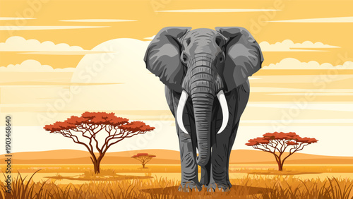 Vector illustration of a majestic elephant standing in a savannah landscape with acacia trees at sunset viewpoint