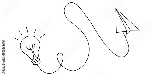 Continuous line drawing of light bulb and paper plane innovation concept