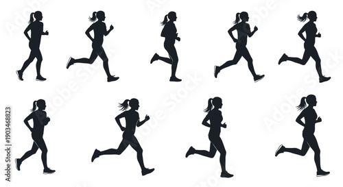 Collection of nine women running in various poses black silhouettes on white background dynamic movements fitness and athleticism concept sporty and active lifestyle isolated figures