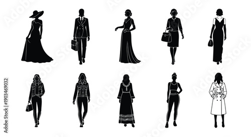 Collection of fashion illustrations featuring diverse women in various stylish outfits and accessories
