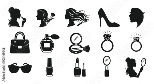 Collection of black silhouettes of women's beauty and fashion icons accessories and makeup on white background for design and design