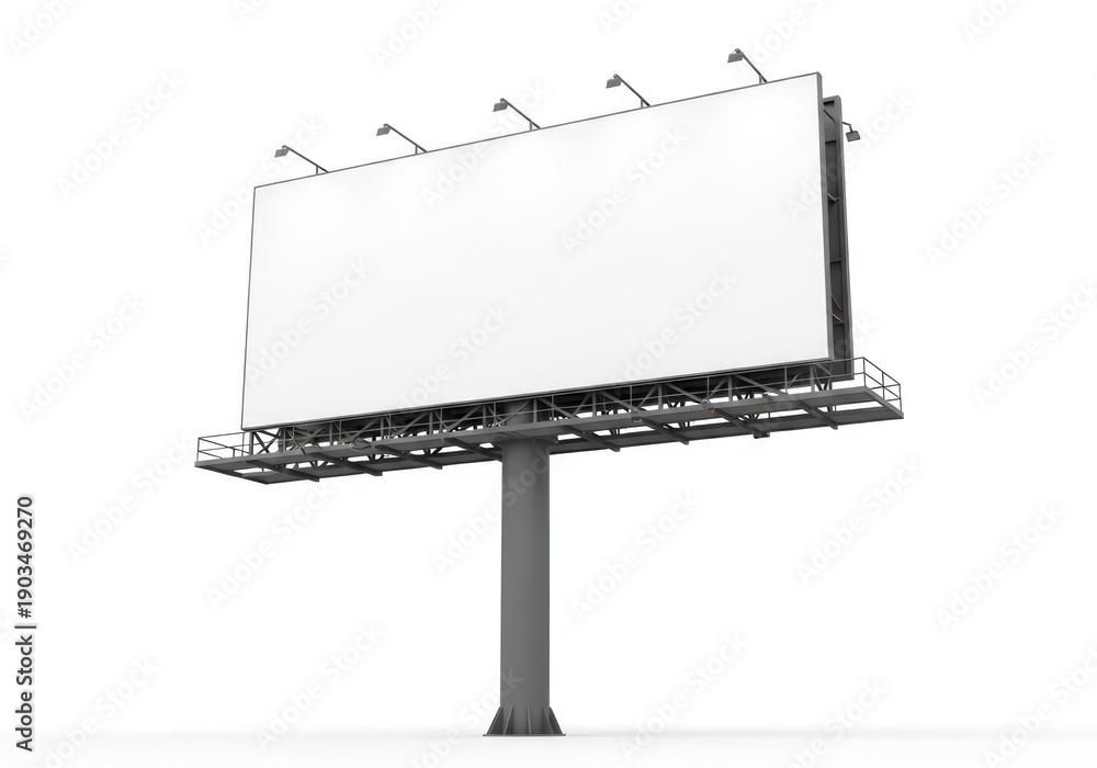 Obraz premium Large Rectangular Outdoor Billboard With Blank White Copy Space Mounted On A Tall Gray Metal Pole With Several Smaller Lights Attached To The Top Frame Against A White Background