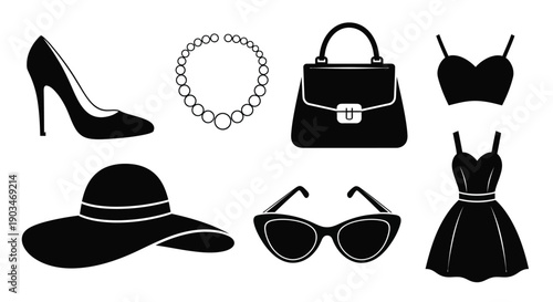 Fashion accessories icons set including high heel shoes jewelry handbag lingerie hat sunglasses dress on white background for design