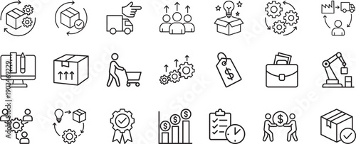 PLM icons set in clean vector style for product lifecycle management, engineering and business systems