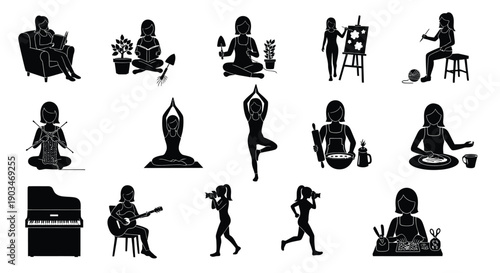 Various people engaging in relaxing activities like yoga music painting and meditation in simple black silhouettes on a white background for wellness and lifestyle concepts