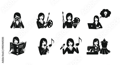 Multitasking woman icons set in black and white various activities and hobbies creative and professional skills isolated on white background for versatile usage