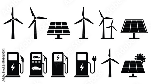 Black icons of wind turbines solar panels and electric car charging stations