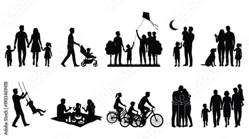 Diverse family silhouettes engaged in outdoor activities