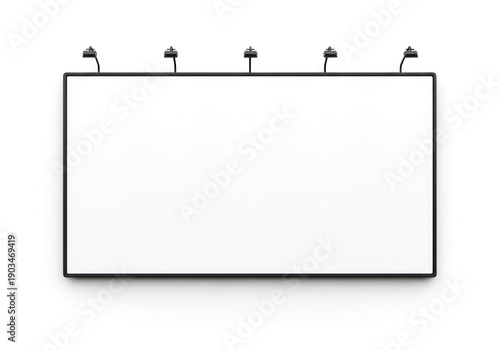 Large Rectangular White Billboard With Black Frame Mounted On A Wall With Top Mounted Lights Isolated White Background