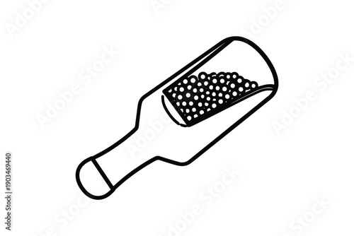 Scoop filled with small round beads or caviar, black and white line art illustration, simple object design