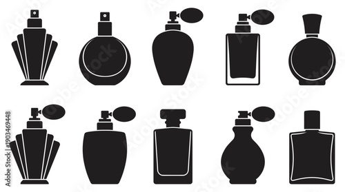 Collection of black perfume bottle silhouettes spray