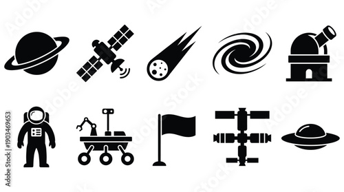 Space exploration icons astronaut rover satellite planet galaxy