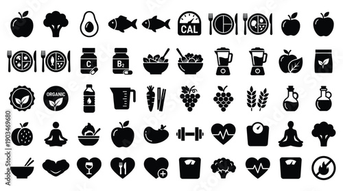 Collection of black health and food icons on white