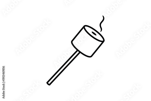 Toasted marshmallow on a stick with smoke, simple line art illustration, camping and bonfire treat