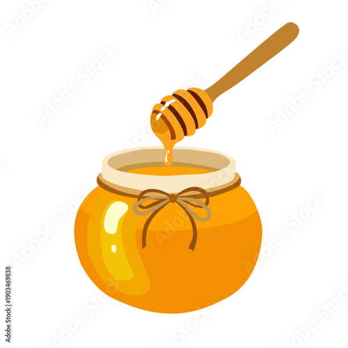 Honey pot with wooden dipper vector illustration on white background.