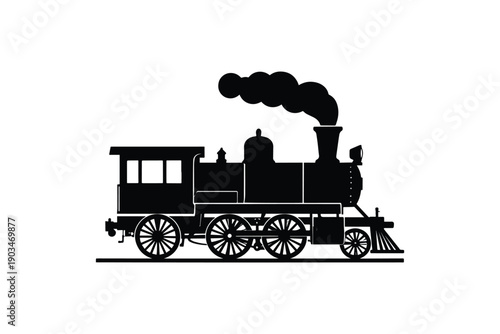 Classic steam locomotive train silhouette, vintage transportation with smoke from smokestack, side view