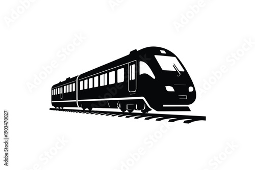 Modern passenger train transportation on railway tracks against white background, silhouette of a long train journey