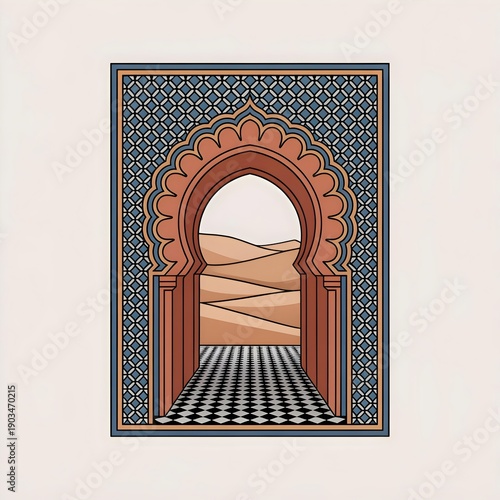 Desert Gateway Ornate Archway Reveals Rolling Dunes Under a Mosaic Sky