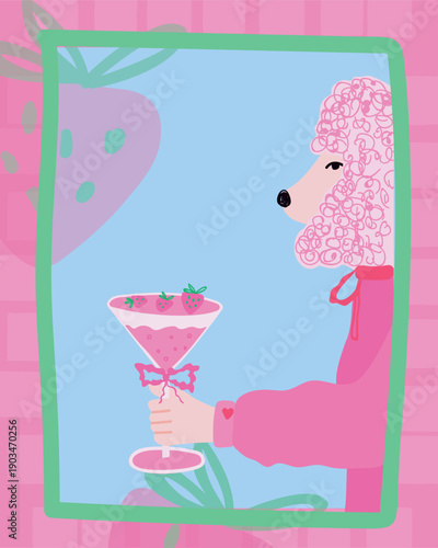Pink Poodle Character Holding Strawberry Dessert Cocktail in Martini Glass, Whimsical Vector Illustration of Fashionable Dog in Pink Hoodie 