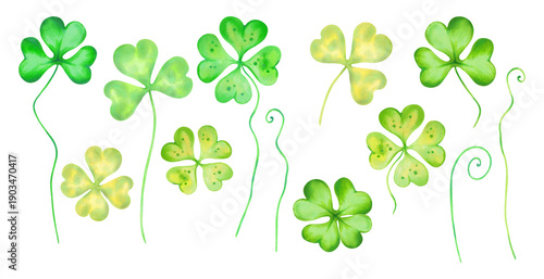 Set of clovers and four-leaf clovers for good luck on St. Patrick's Day. Watercolor illustration. Hand drawn isolated art. Clipart image for the spring botanical holiday, a clover shaped talisman.