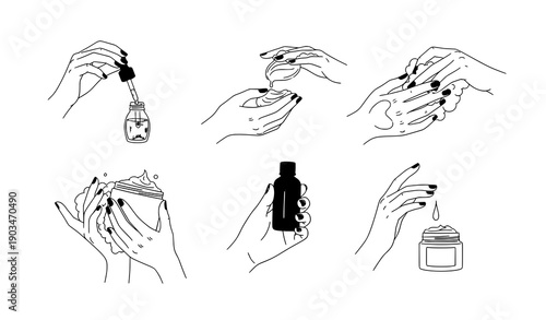 Minimal beauty skincare illustration women hands applying cosmetic products vector set