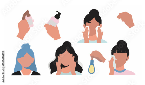 Beauty skincare routine vector set women applying serum moisturizer cleanser isolated on white