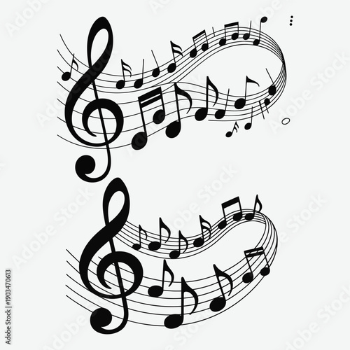 Elegant musical notes forming a swirling decorative pattern on a white background