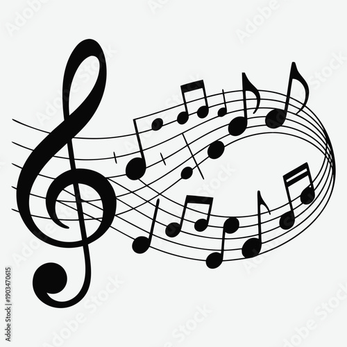 Musical notes and a treble clef swirl in a black and white design