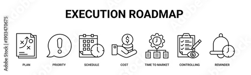 Execution Roadmap web banner icon vector illustration concept with icons of plan, priority, schedule, cost, time to market, controlling, reminder.
