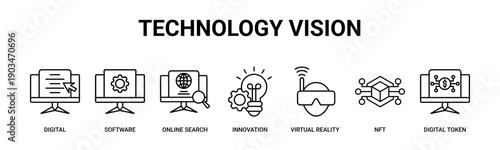 Technology Vision web banner icon vector illustration concept with icons of digital, software, online search, innovation, virtual reality, nft, digital token.