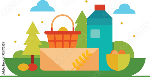Basket, bottle, and fruit on grass isolated on transparent background, Vector, illustration