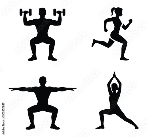 Vector set of black fitness silhouettes: man lifting dumbbells, woman running, man squatting, woman doing yoga, isolated on white