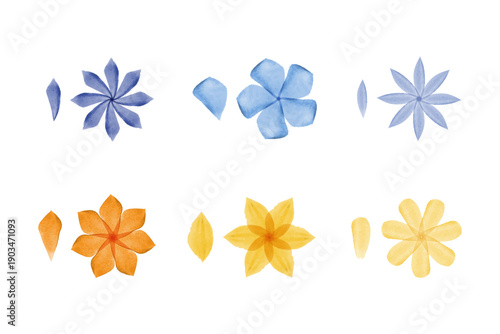 A vibrant display of watercolor flowers and petals. Six different floral illustrations in blue, purple, orange, and yellow appear with loose petals.