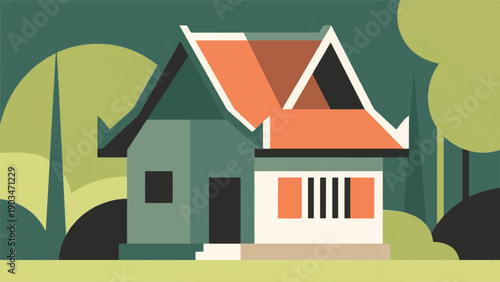 Illustration Of A Traditional Indonesian House Simplified Into Clean Geometric Shapes, An Iconic Roof, And An Abstract Natural Background Vector Design Template