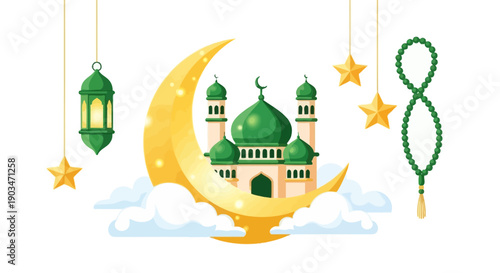 Ramadan mosque lantern crescent moon islamic celebration vector illustration night sky