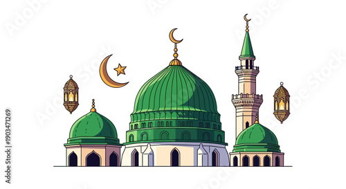 Islamic mosque with green domes crescent moon lanterns Ramadan illustration