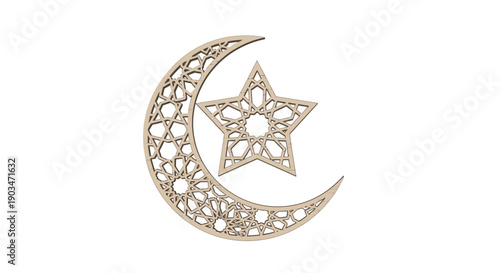 Golden crescent moon and star filigree brooch isolated on white background