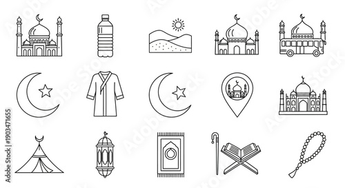 Ramadan Icon Set: Mosques, Crescent Moon, Prayer Mat, Lantern, Quran, Beads & Water Bottle
