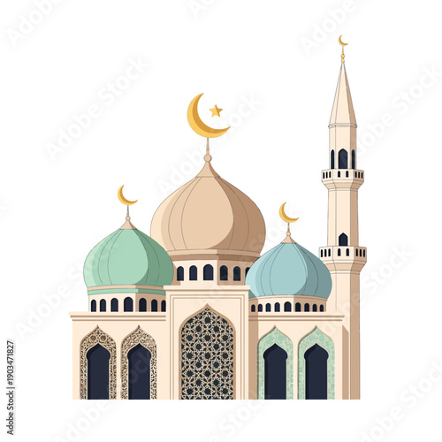 Islamic Mosque with Minarets and Domes, Ramadan Symbol, Religious Architecture, Traditional Middle Eastern Design