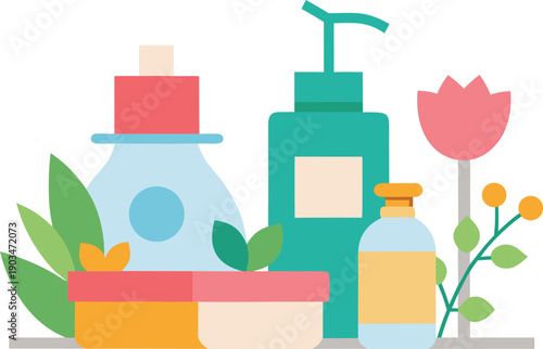 Bottles and flowers on a table isolated on transparent background, Vector, illustration