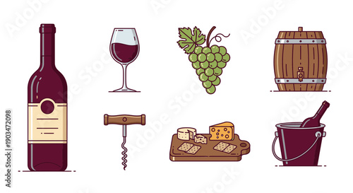 Wine and cheese set with bottle glass grapes barrel