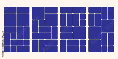 Bento grid vector vertical layouts. Geometric tiles pattern for photo collage, website layout, etc. Trendy tiling frames arrangements and presentation templates for social media.