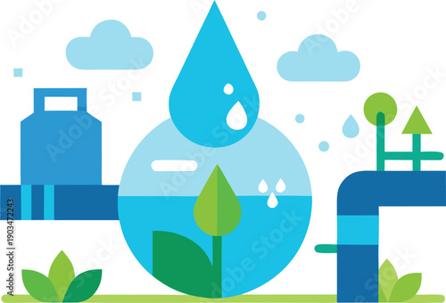 Water droplet with environmental elements isolated on transparent background, Vector, illustration