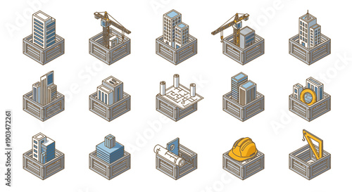 Construction site icons set with buildings and cranes