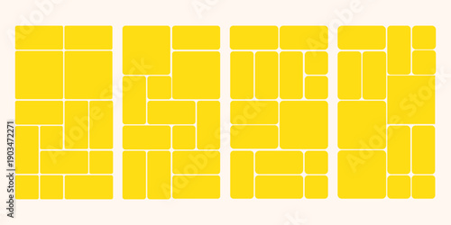 Bento grid vector vertical layouts. Geometric tiles pattern for photo collage, website layout, etc. Trendy tiling frames arrangements and presentation templates for social media.