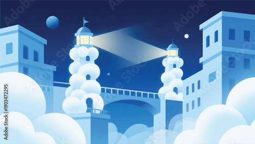 Illustration Of Light Houses Made Of Solid Cloud Particles, Light Bridges Connecting Between Buildings Vector Design Template