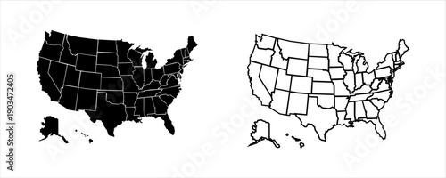 United States map outlines, solid black and line art, showing all 50 states and Alaska and Hawaii