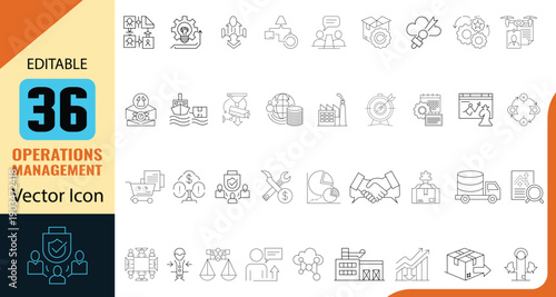 Unique and Editable Operations management vector icon or web icon collection, Modern line art vector set of  Operations management, strategy, quality control, data analysis, flowcharts and more icon