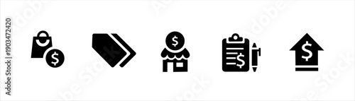 Collection of black icons representing shopping, sales, and financial growth concepts